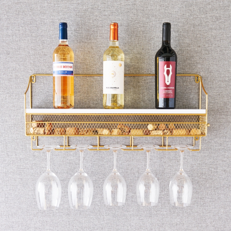Wall-Mounted Gold Wine Rack with Stemware Storage