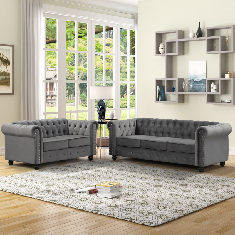 Chesterfield Sofa Set with Three-Seater and Loveseat