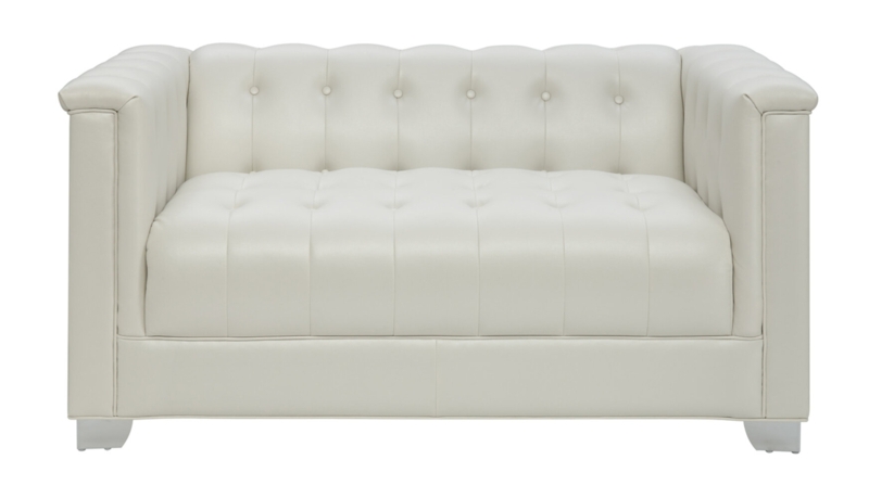 Pearlized White Loveseat with Chrome Accents