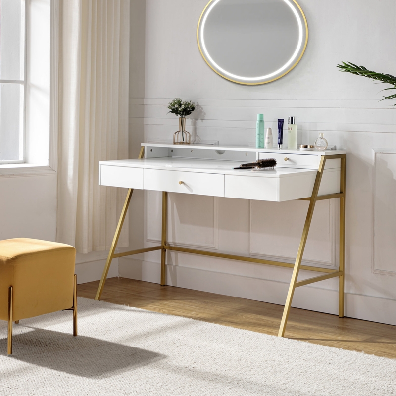 Gold and White Vanity Table with Hutch