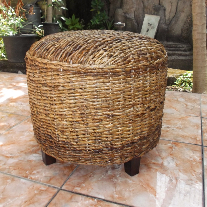 Vintage Round Rattan Foot Stool With Black Cushion