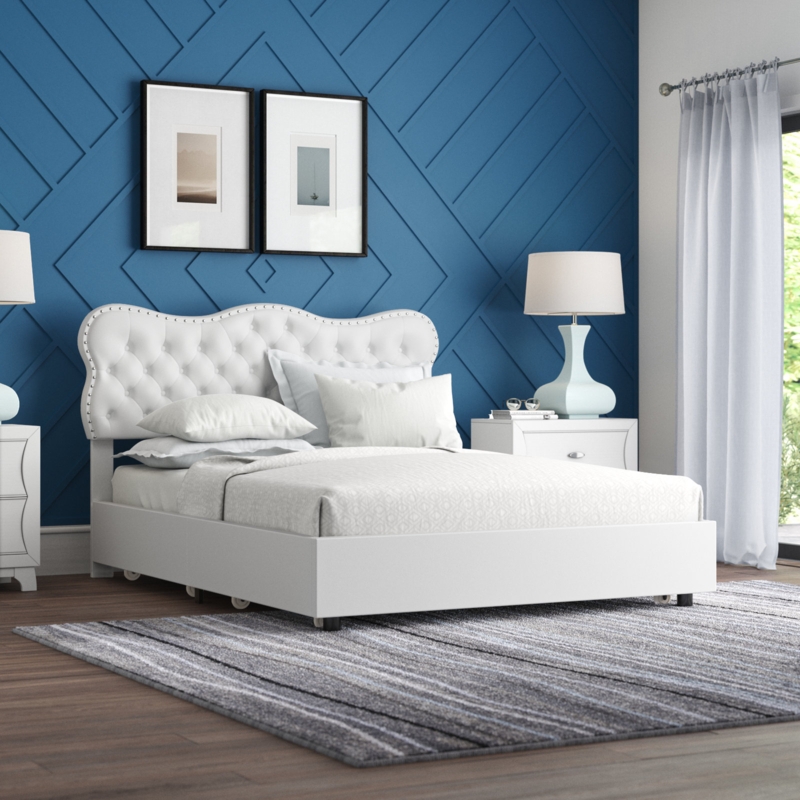 Upholstered Bed with Rivet-Trimmed Headboard & Storage Drawers