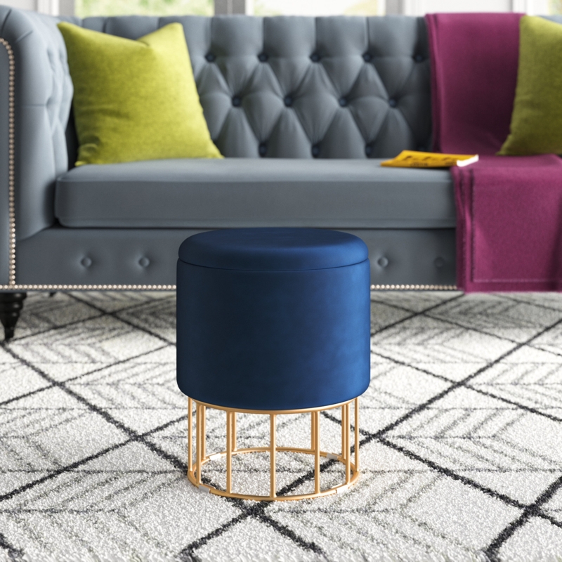 Velvet Upholstered Storage Ottoman with Gold Base