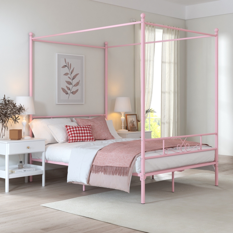 Four Poster Platform Bed with Floral Design