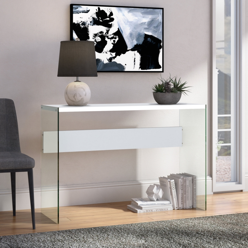 Tempered Glass Console Table with Wood Accents