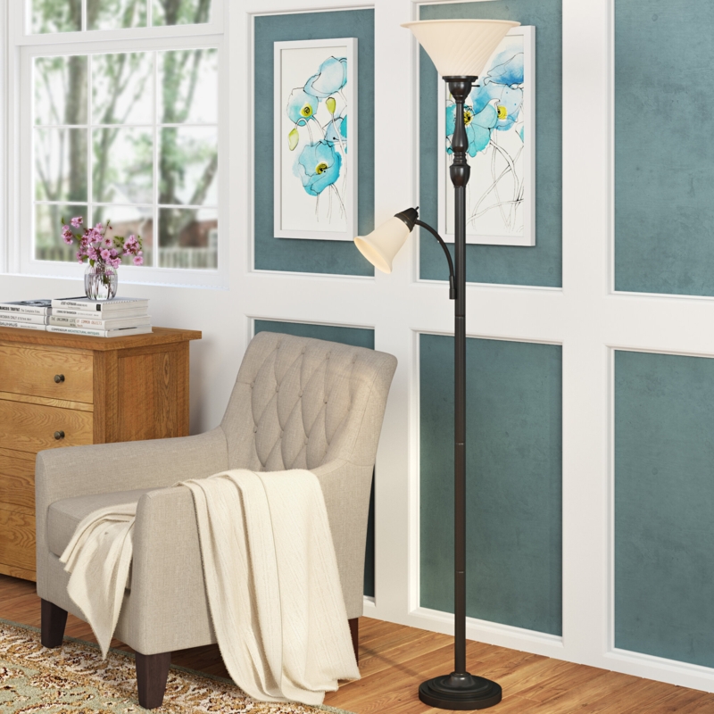 Two-Light Torchiere Floor Lamp with Reading Arm
