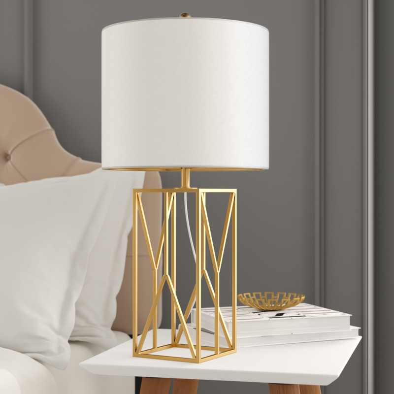 Geometric Brass Table Lamp with White Cotton Shade
