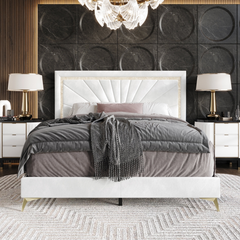 Velvet Upholstered Bed Frame with Channel-Stitched Headboard