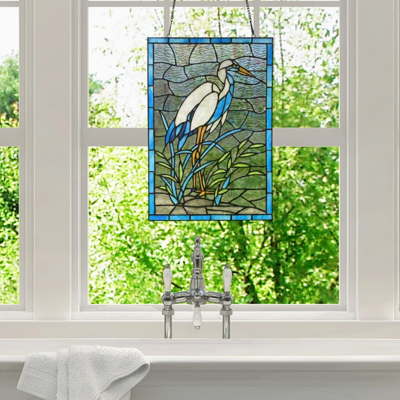 Majestic Crane Stained Glass Window Panel