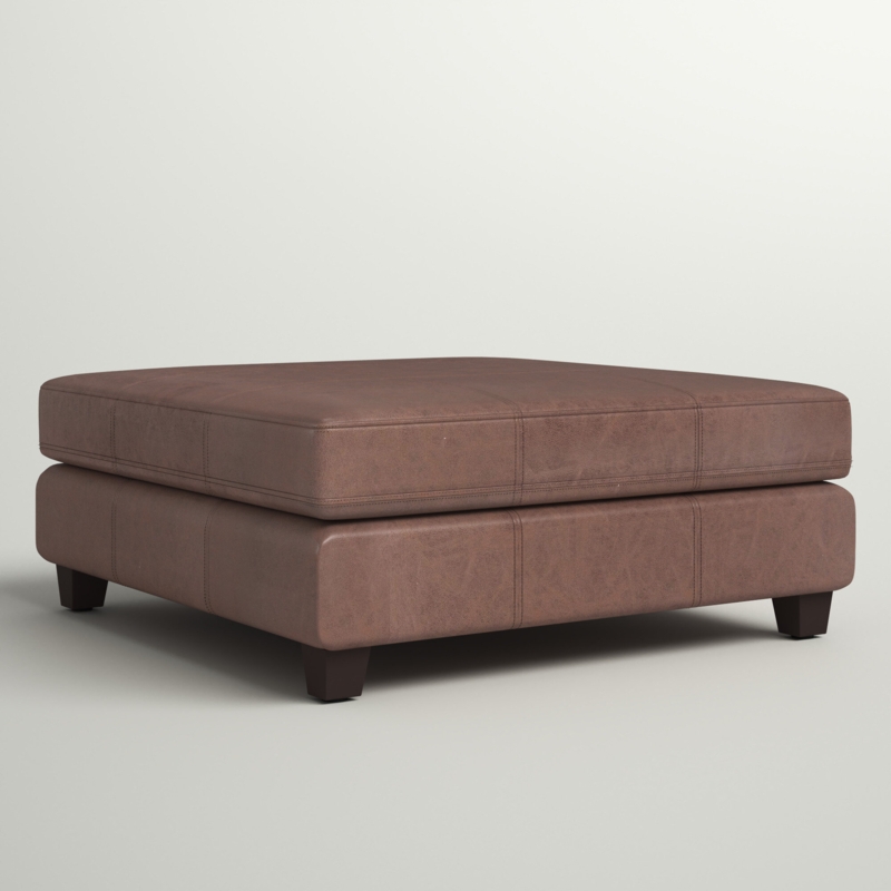 Distressed Faux Leather Ottoman with Wooden Legs