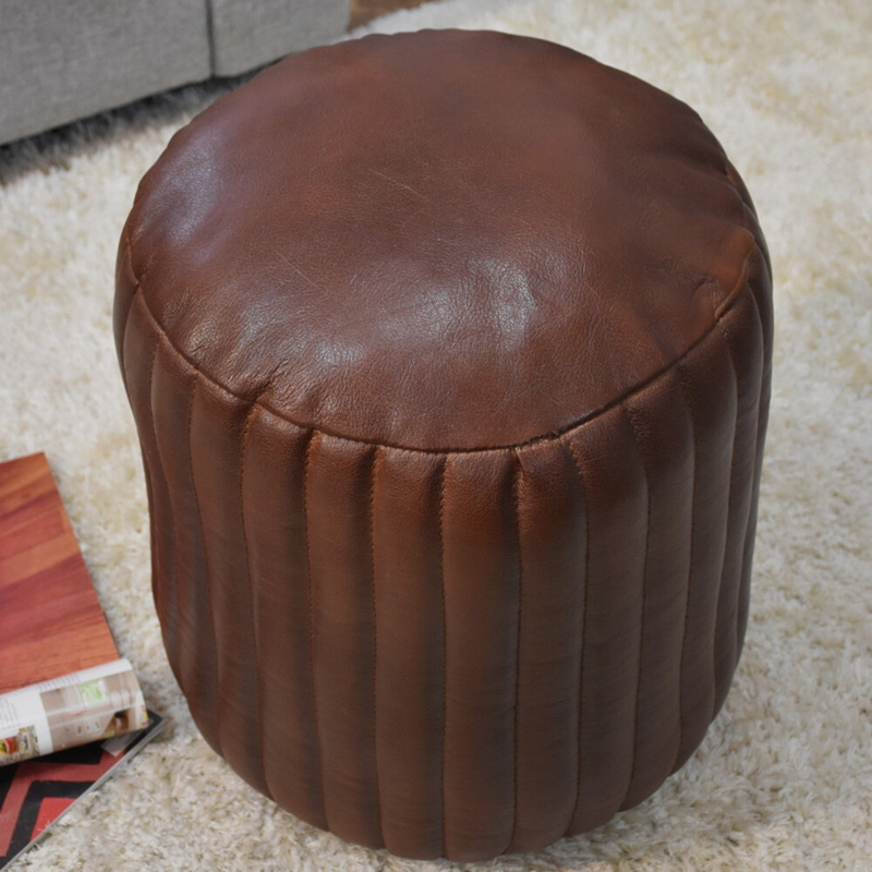 Handmade Goat Leather Round Pouf