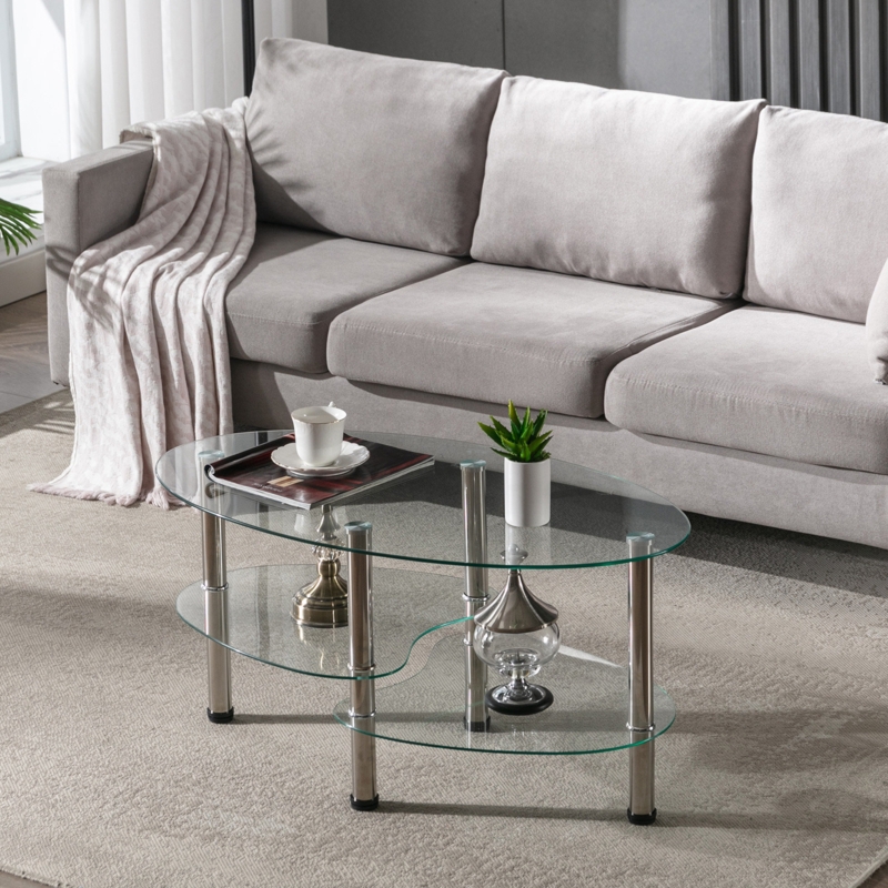 Oval Glass Coffee Table with Lower Tier