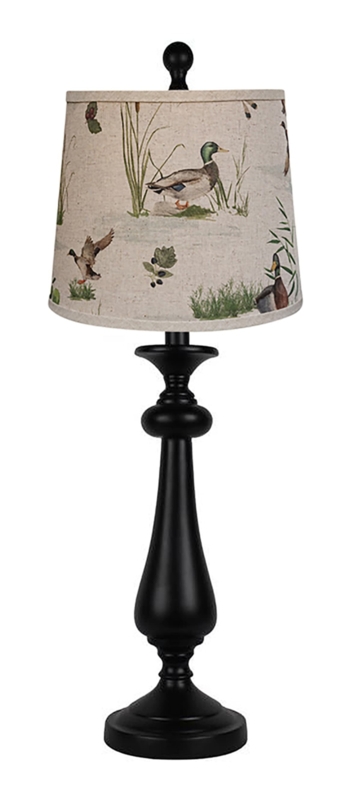 27" Black Candlestick Table Lamp with Ivory Duck Shade