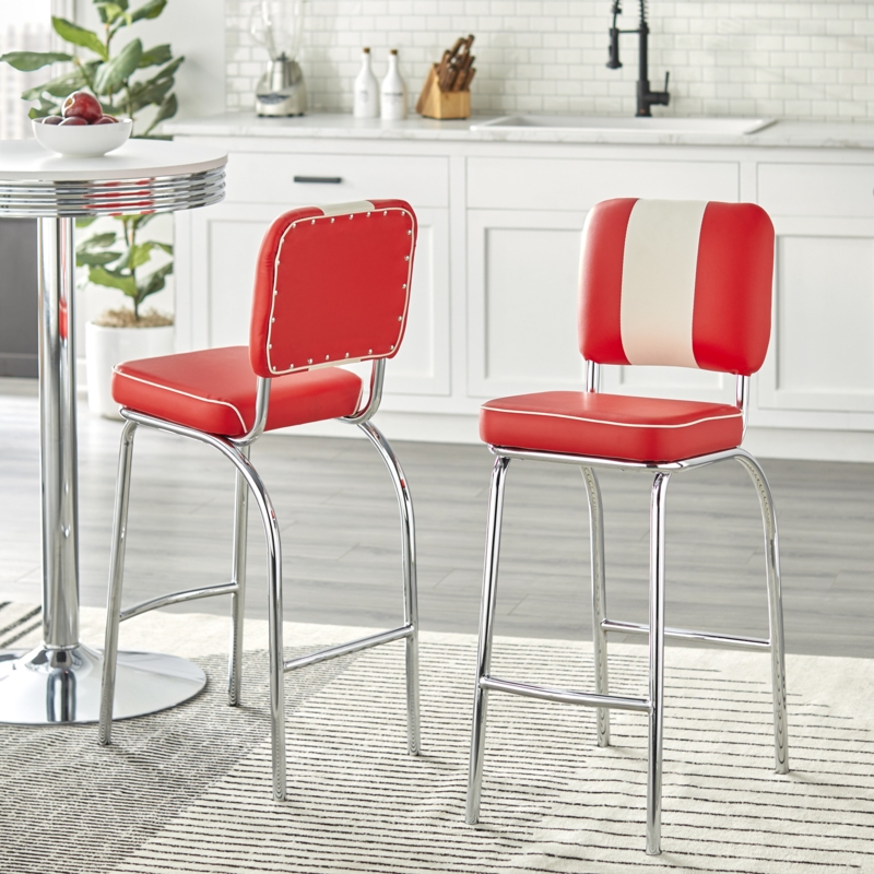 Retro Bar Stool Set with Faux-Leather Upholstery