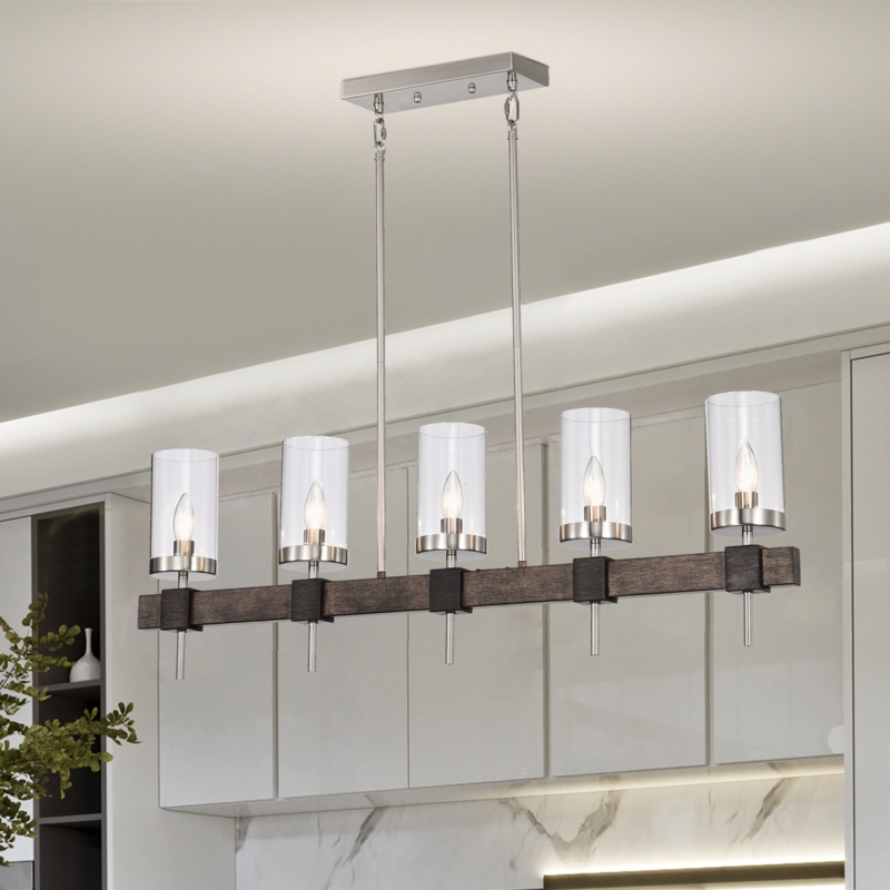 5-Light Satin Nickel and Faux Wood Glass Chandelier