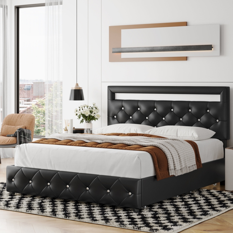 Platform Bed with Storage and Upholstered Headboard