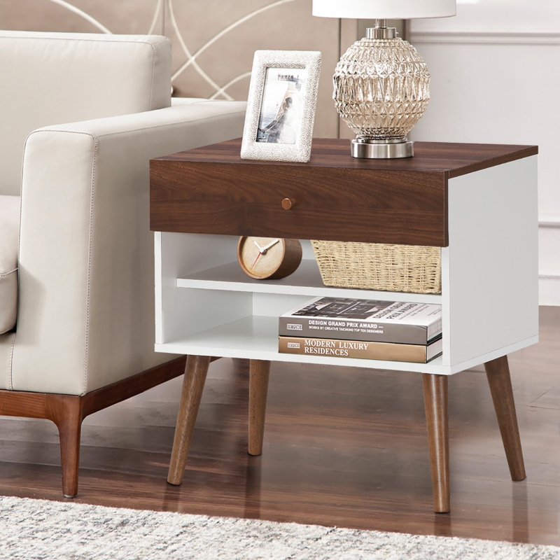 Engineered Wood Nightstand with Drawer and Shelves