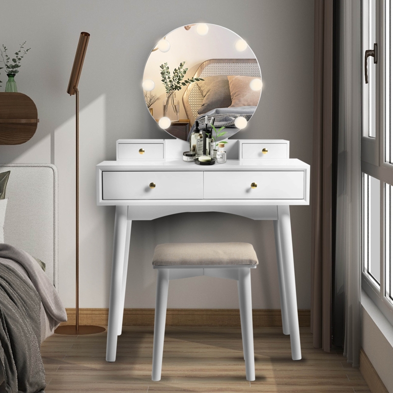4-Drawer Vanity Table with Cushioned Seat