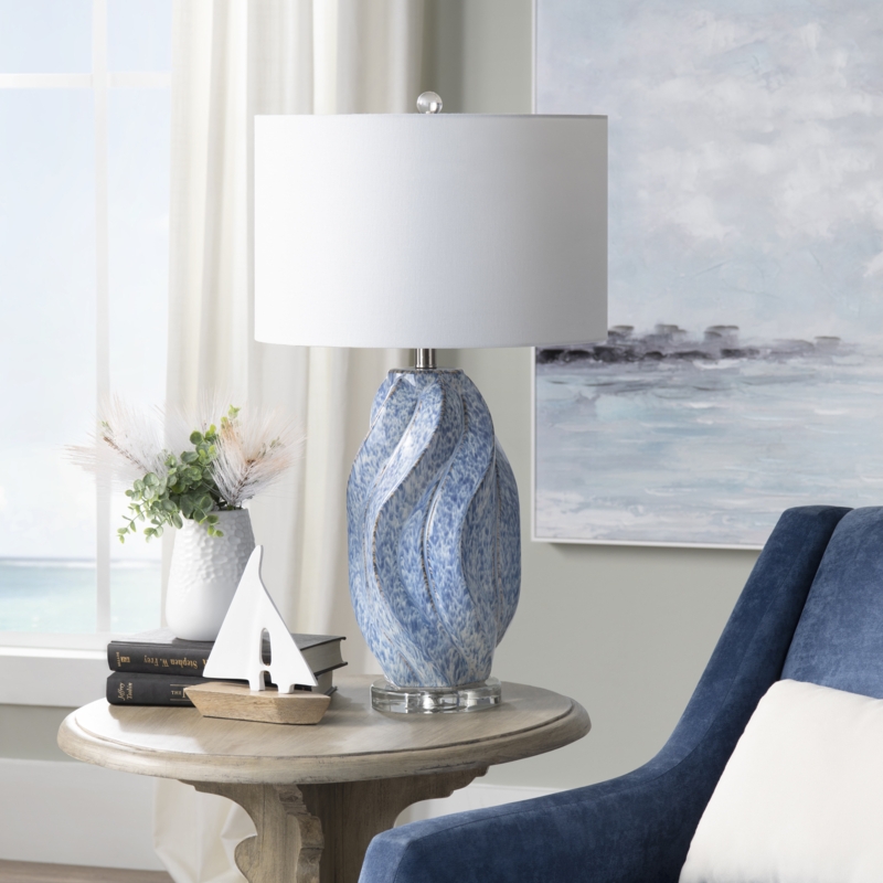 Blue-Speckled Ceramic Table Lamp with Crystal Accents
