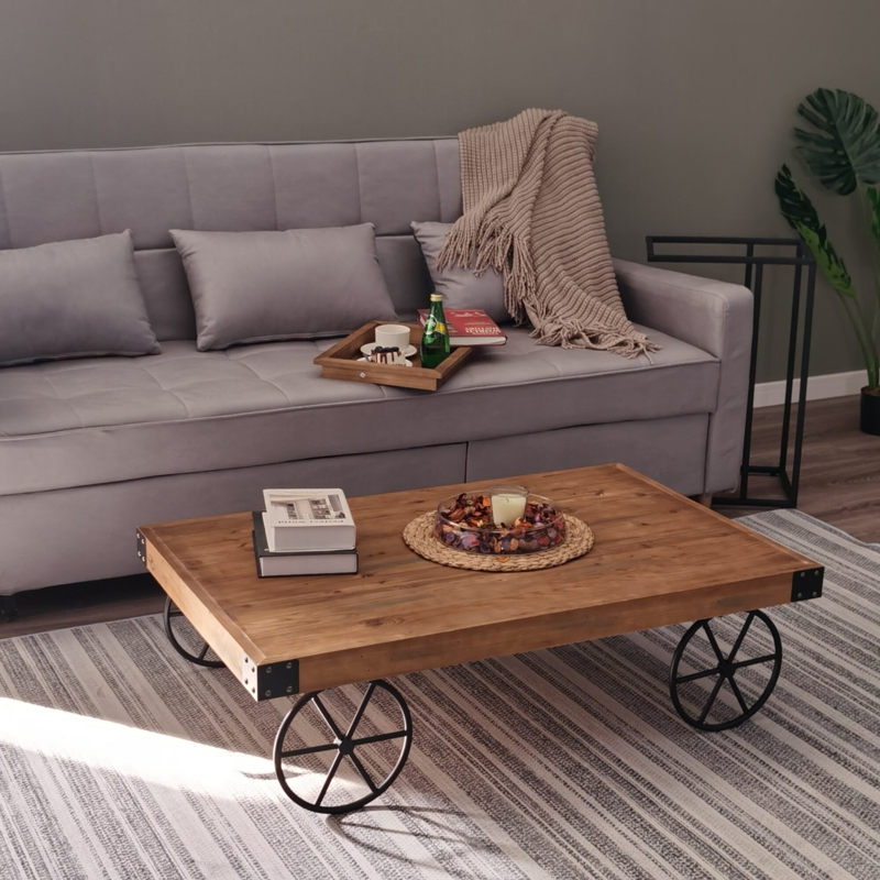 Vintage Wood Coffee Table with Metal Accents