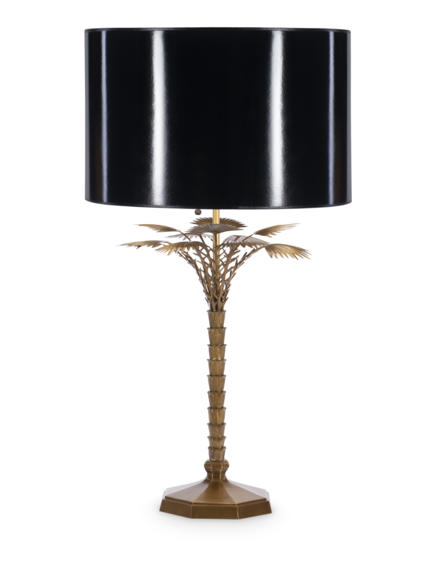 Brass Palm Leaf Lamp with Round Black Shade