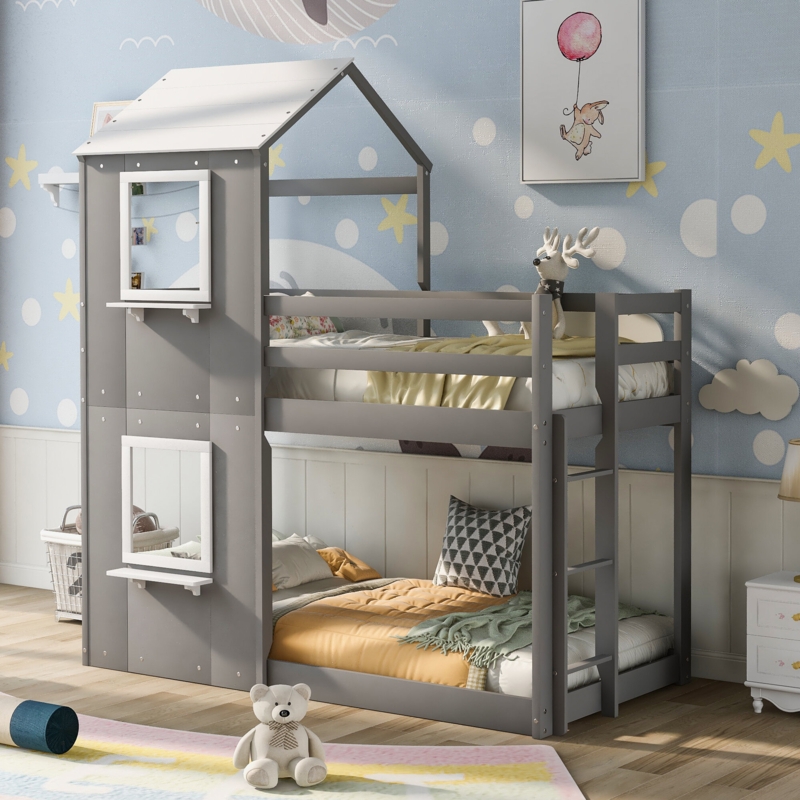 Twin House Bunk Bed with Guardrail