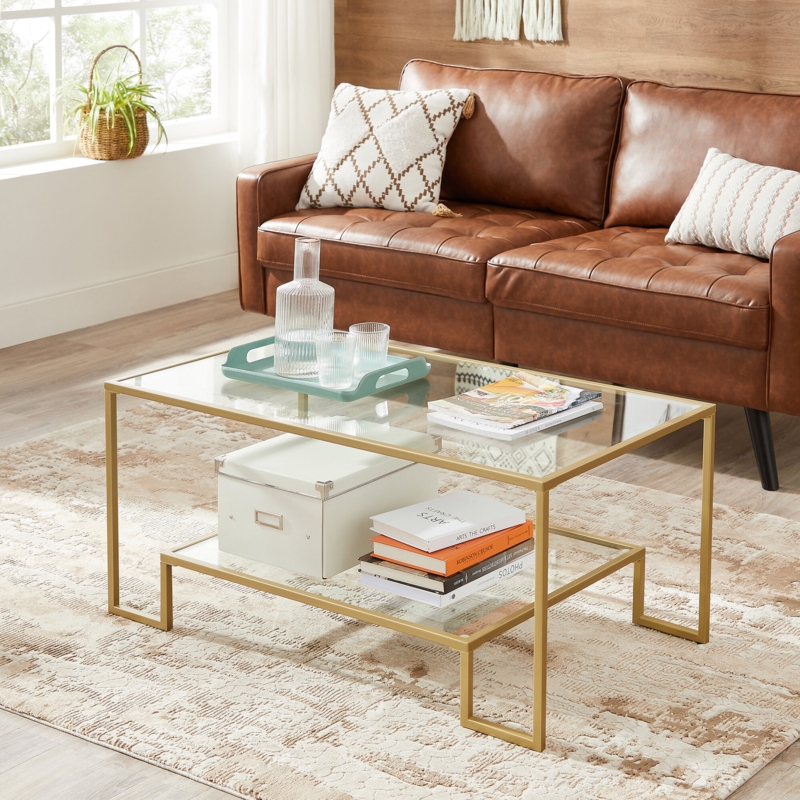 Geometric Coffee Table with Glass Shelves