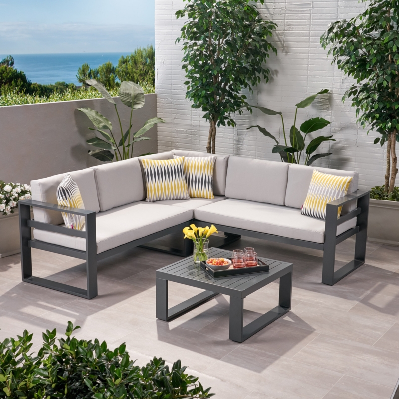 Open Slat Aluminum Sectional Seating Set with Water-Resistant Cushions