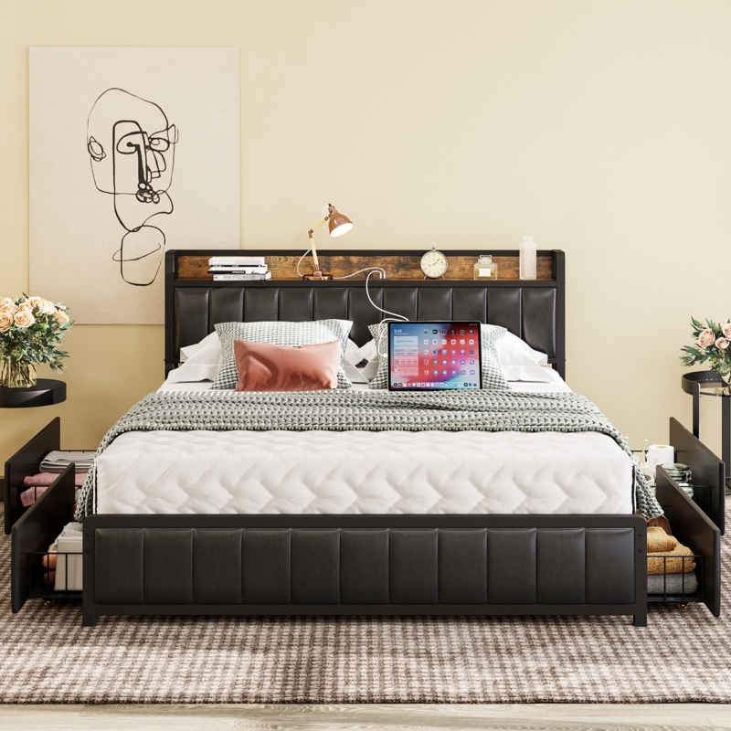 Platform Bed Frame with PU Leather Headboard and Footboard