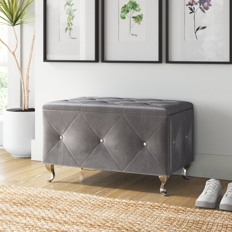 Velvet Bench with Storage and Cabriole Legs