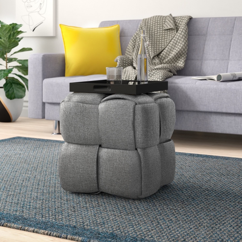 Geometric Cube Ottoman with Faux Leather Accents