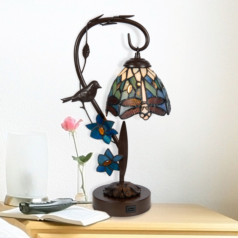 Bird on Vine Dragonfly Tiffany Accent Lamp with USB Port