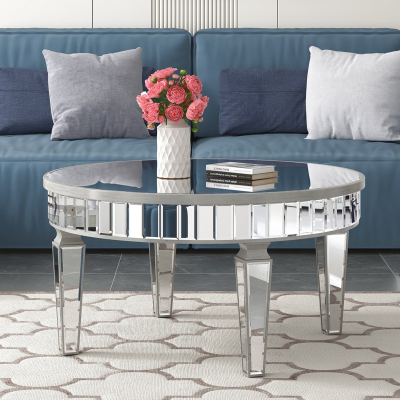 Round Mirrored Coffee Table with Silver-Gray Accents