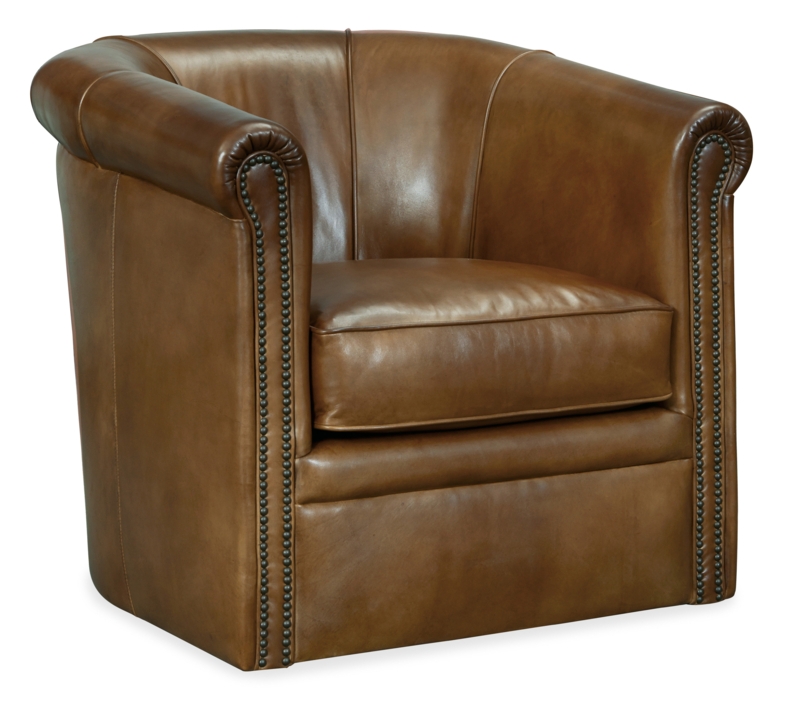 Swivel Leather Club Chair with Barrel-Style Silhouette