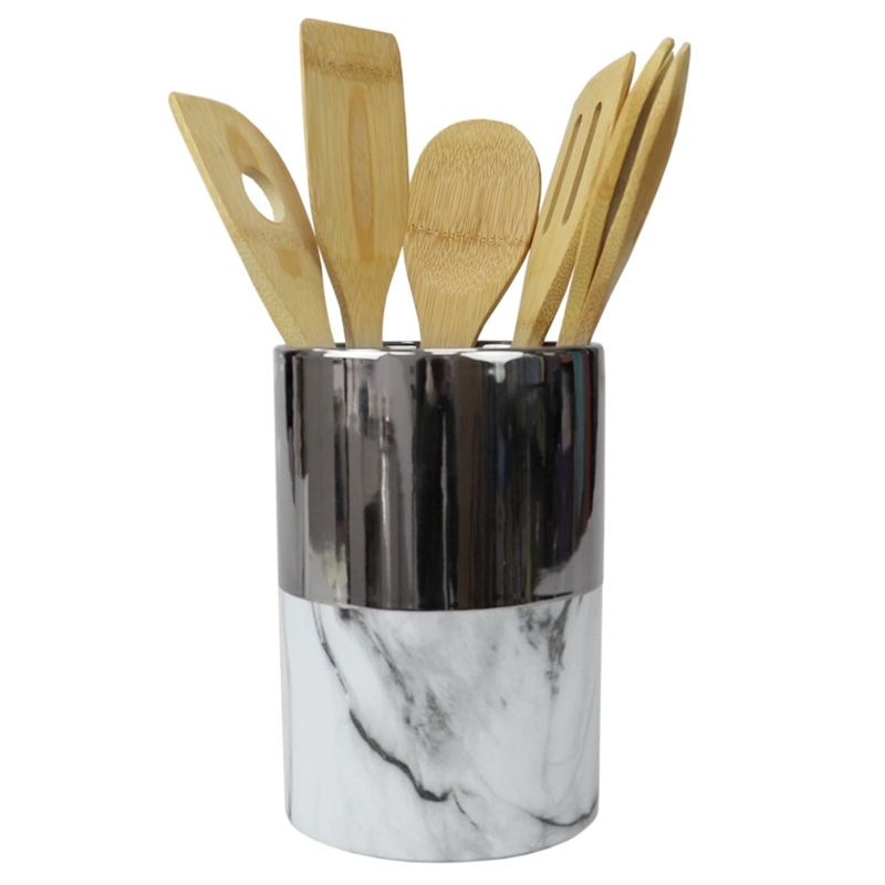Ceramic Utensil Crock with Marble and Gold Accents
