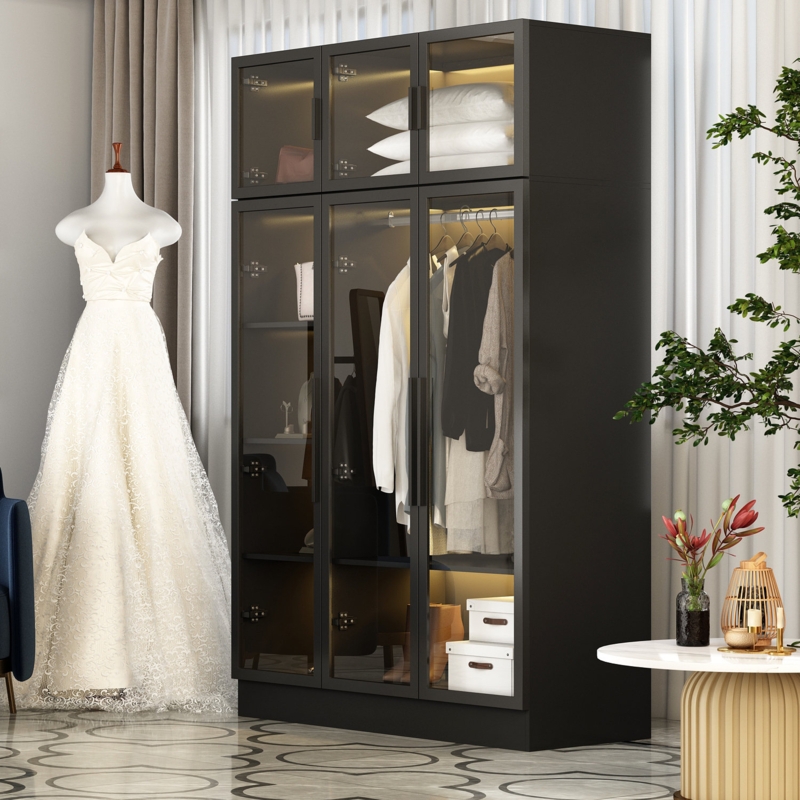 Fashionable Wardrobe with Glass Door and Light Belt