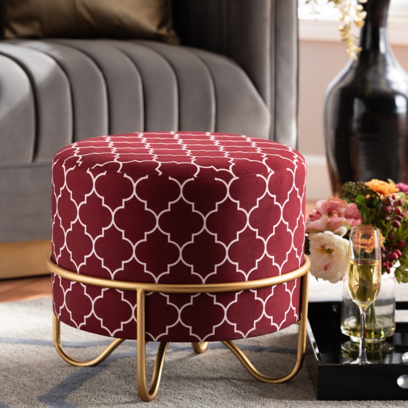 Velvet Quatrefoil Patterned Ottoman