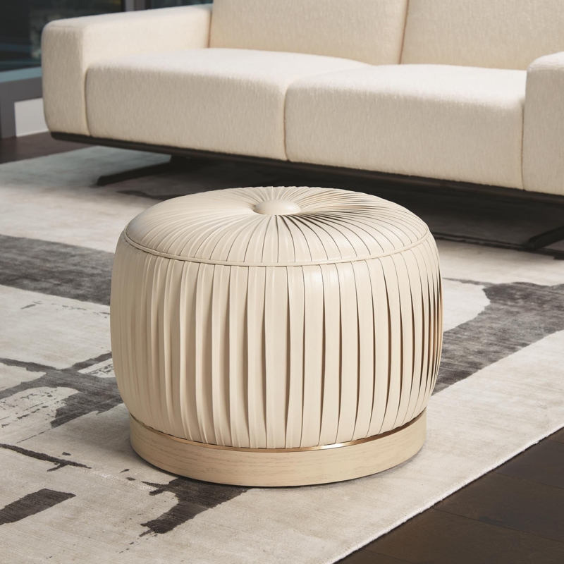 Pleated Leather Drum Pouf with Oak Base