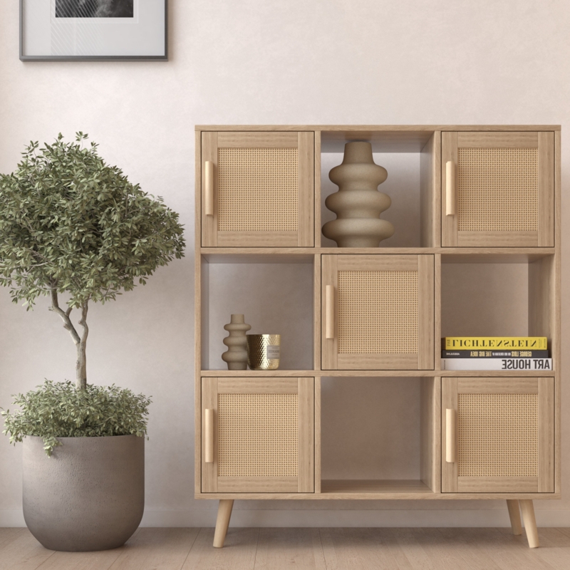 3-Tier Bookcase with 9 Cubbies and Cabinets