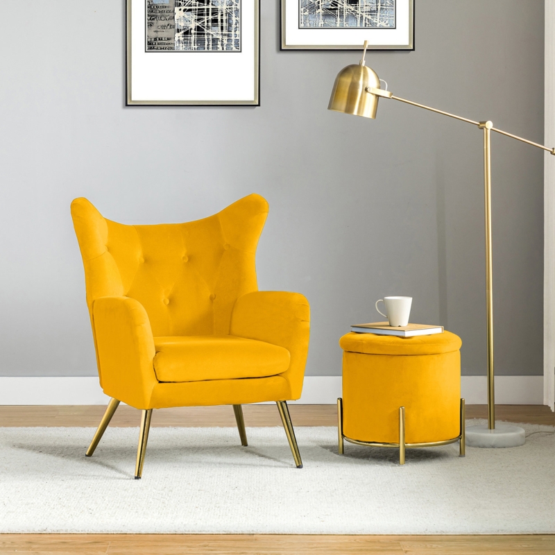Modern Accent Chair With Golden Metal Legs, High Back Upholstered