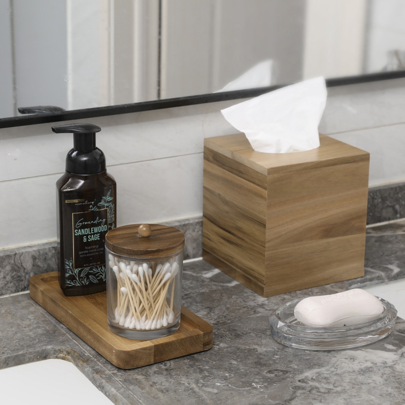 Clear Glass and Acacia Wood Bathroom Accessories Set