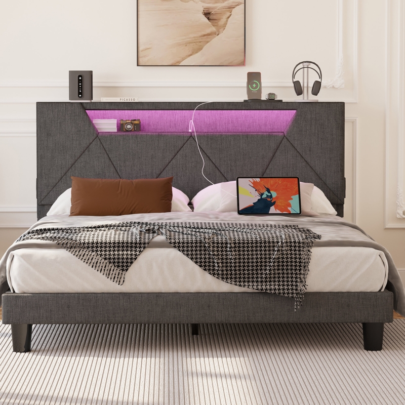 Upholstered Platform Bed with LED Light & Charging Station