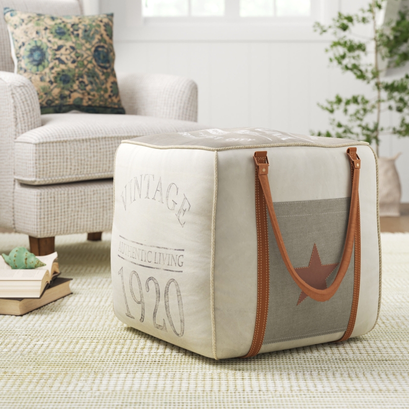 Gray Pouf Ottoman with Vintage Typography