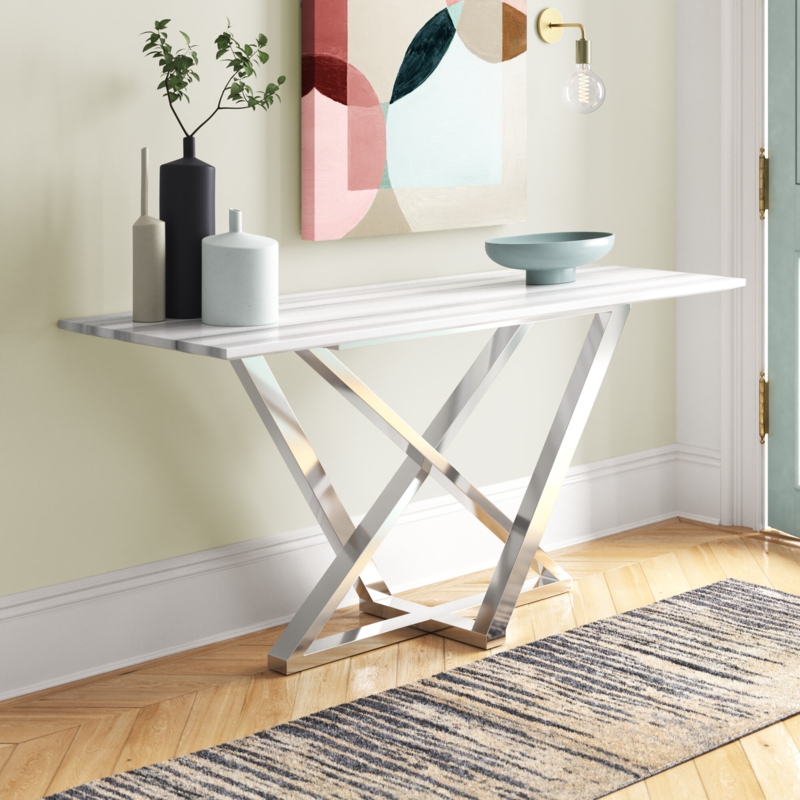 Rectangular Marble Console Table with Geometric Base