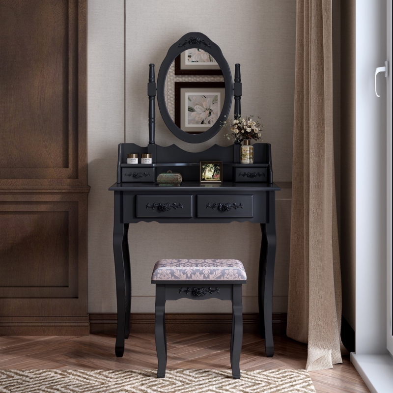 Rotating Mirror Vanity Table Set with Stool and Drawers
