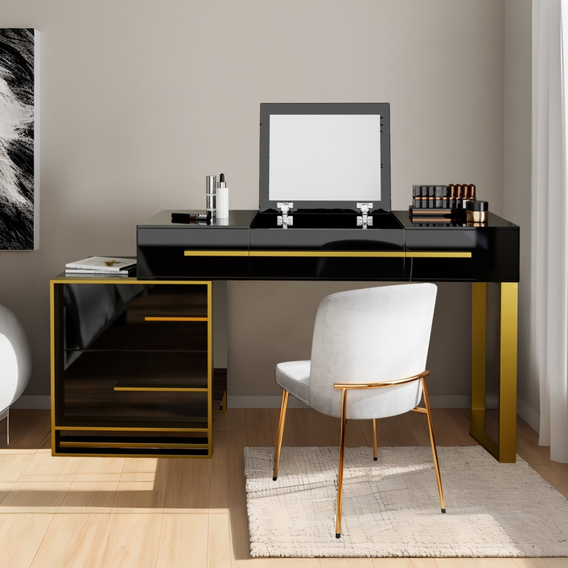 Elegant Golden Bedroom Vanity with Storage
