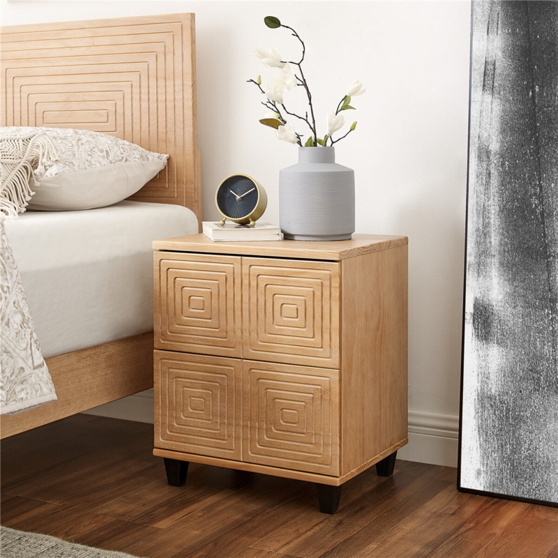 Compact 2-Drawer Nightstand with Geometric Detail