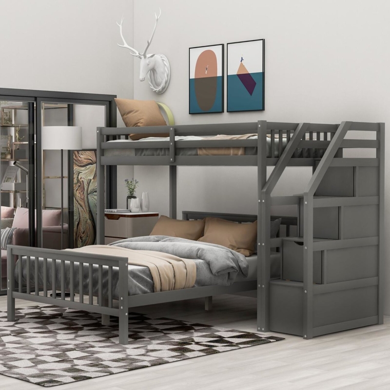 L-Shaped Twin Over Full Bunk Bed with Storage