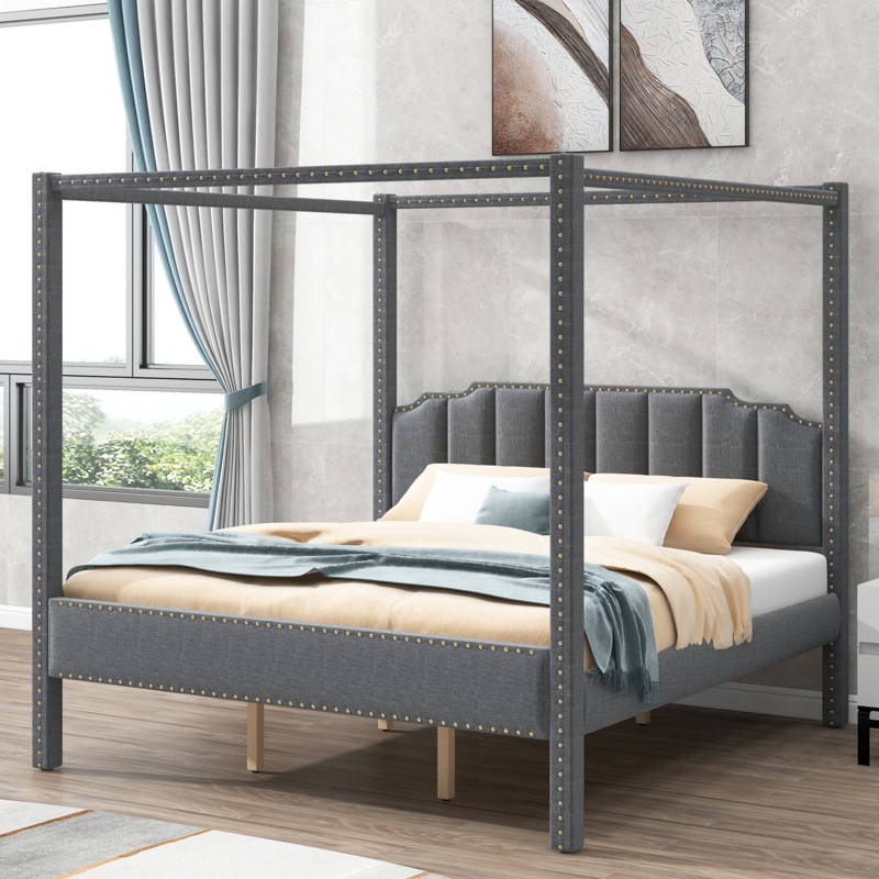 Upholstered Canopy Bed with Rustic Headboard