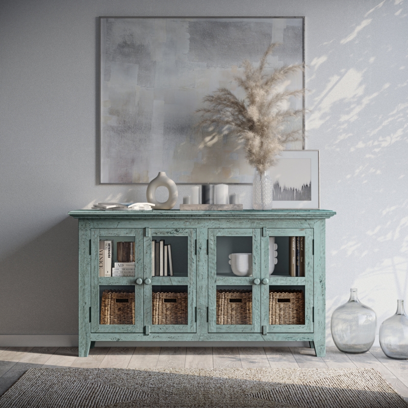Distressed Finish Sideboard with Glass-Paneled Doors